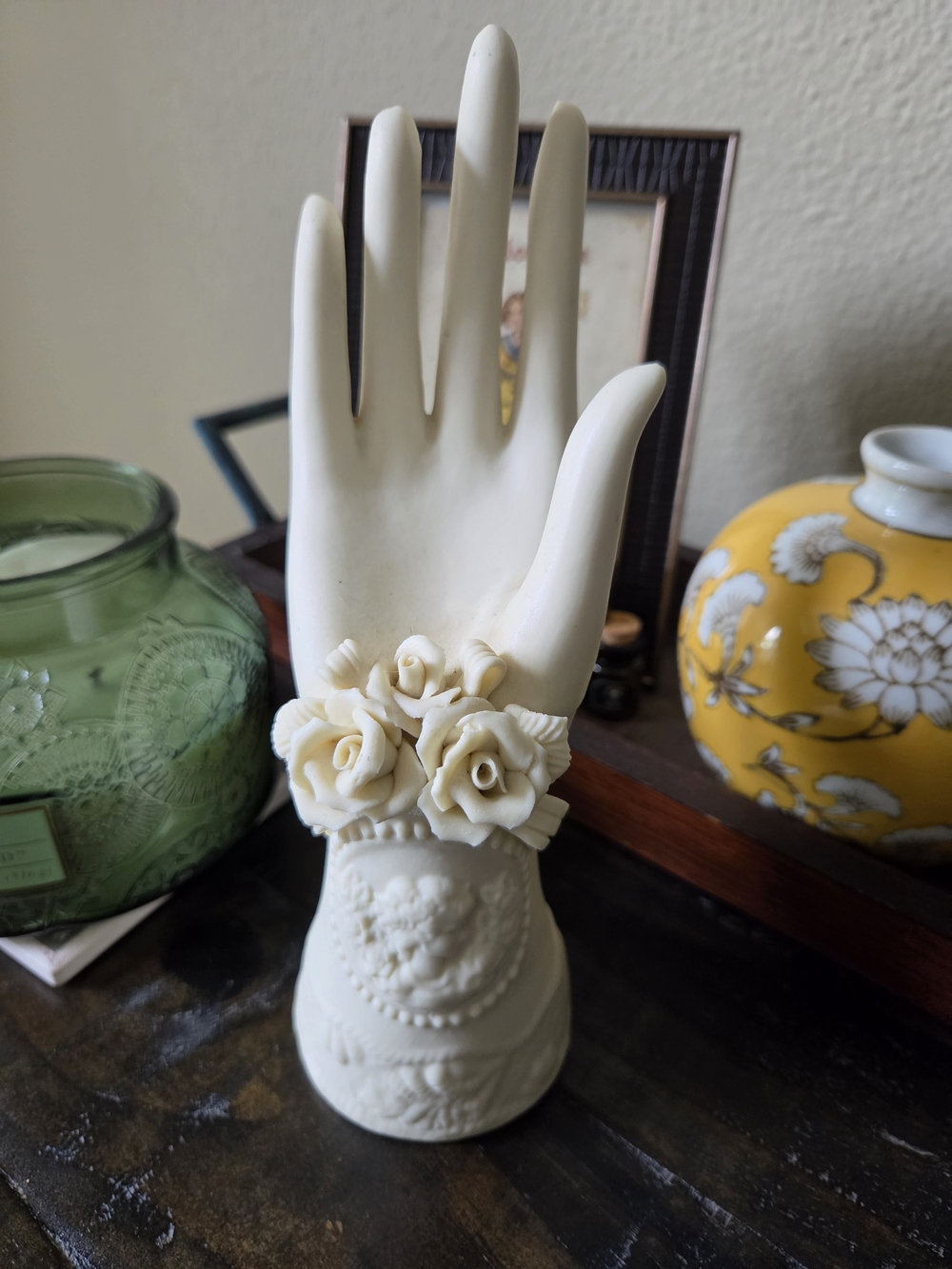 White Ceramic Hand Jewelry Holder with Rose Bracelet Accent